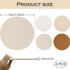 Set of 4 Pot Coasters, Heat Resistant, Braided Coasters, Cotton Thread Weaving Mat, 18 cm Pot Coasters, Pot Coasters Set, Round, for Dining Room, Office, Kitchen, Hotel