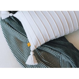 Lumi Living 100% Soft Cotton Raised Stripes Textured Rib Knit Lumbar Throw Pillow Cover with Tassels 14x36 (Soft White)