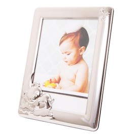Happy Homewares Modern and Cute Baby 5x7 Picture Frame in Shiny Nickel Plated with Sleeping Teddy Bear and Small Diamante Stars
