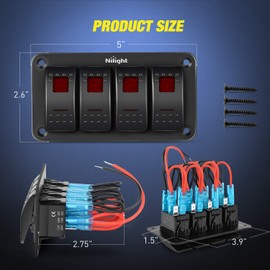 Nilight 4 Gang Rocker Switch Panel 5Pin On Off Toggle Aluminum Holder 12V 24V Dash Pre-Wired Red Backlit Switches for Automotive Cars Marine Boats RVs Truck