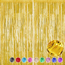 2Pcs Gold Foil Fringe Curtain - HADEEONG 3.28ft x 6.56ft Metallic Tinsel Door Curtains Photo Booth Backdrop for Wedding Birthday Bridal Shower Baby Shower Bachelorette Party Decorations