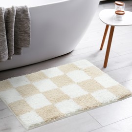 Tititex Luxury Cream White Checkered Grid Bathroom Rug, 16"x24" Classic Checkerboard Extra Soft and Absorbent Microfiber Bath Rugs, Non-Slip Plush Shaggy Bath Carpet for Bathroom Floor