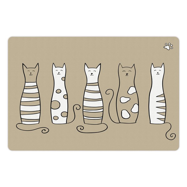Lunarable Cat Pet Mat for Food and Water, Contemporary Graphic of 5 Standing Cats Meow Character Domestic Humor Art Work, Non-Slip Rubber Mat for Dogs and Cats, 18" X 12", White Beige