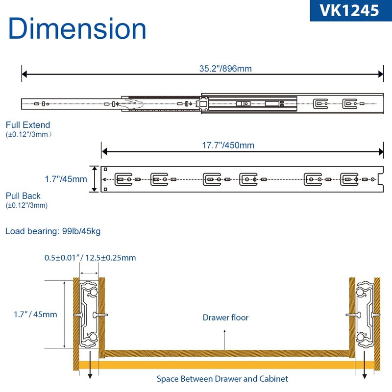 VADANIA 18" Soft Close Drawer Slide, #VK1245, 3-Fold Full Extension,