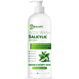 KERAPIL Exfoliating Body Wash with Salicylic Acid - No Dry Out, Gentle Exfoliates Rough and Bumpy Skin, Body Acne Wash, BHA & AHA - Cucumber and Mint Salicylic Acid Body Wash - (16 fl oz)