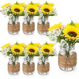 Yuxung 43 Pcs Mason Jar Table Centerpiece 6 Sets Mason Jar Vases 18 Faux Sunflower 18 Baby's Breath 1 Rope Boho Rustic Mason Jar Table Decoration for Reception Engagement Party Bridal Shower Wedding
