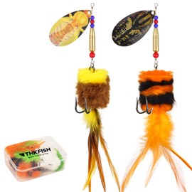 THKFISH Musky Pike Walleye Fishing Lure, Rooster Tail Fishing Lures with Hard Metal Brass Inline Spinner Baits with Tackle Box for Trout Bass Salmon Freshwater Saltwater (Yellow&Orange, 1 oz-2pcs)
