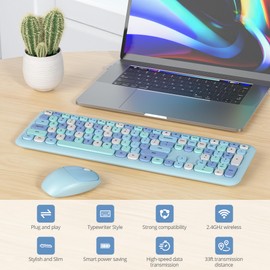 SbocKeeb Wireless Typewriter Keyboard and Mouse Combo Retro 104 Key Full Size Office Set Blue Keyboard with Silent Round Keycaps, Ideal for Laptop and Desktop PCs, Cute esign Keyboard.(Blue)