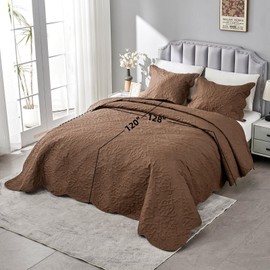 Kingnex Oversized King Bedspreads 128x120 for Tall Bed Lightweight 3 Piece Coverlet Set 1 Extra Wide Quilt 2 Pillow Shams Coffee