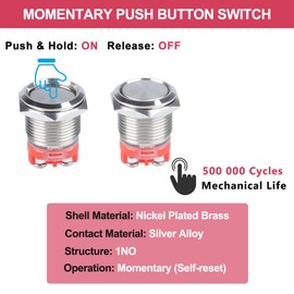 DMWD 16mm Heavy Duty Momentary Metal Push Button Switch Waterproof Large Current 20Amp 12V 24V 110V ON-Off 1NO 2 Screw Terminals for 5/8" Mounting Hole Without LED