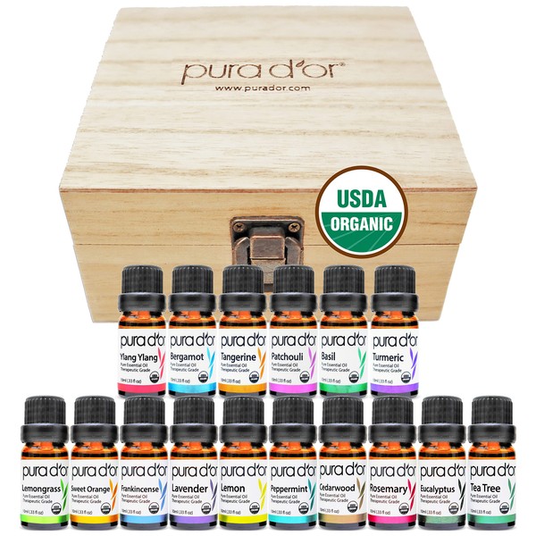 PURA D'OR Organic Essential Oils Set of 16 10ml Sweet16 Wood Box Gift Set, 100% Pure Therapeutic Grade Aromatherapy for Home Diffusers (Lavender, Tea Tree, Eucalyptus, Lemon, Cedarwood, Ylang Ylang)