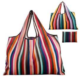 GOPHRALOVE Reusable Grocery Bag 2 Packs Large Washable Foldable Eco Friendly Nylon Heavy Duty Fits in Pocket Shopping Tote Bag (New Rainbow)