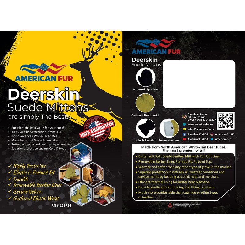 AMERICAN FUR Deerskin Suede Mittens - Black Insulated (Medium)