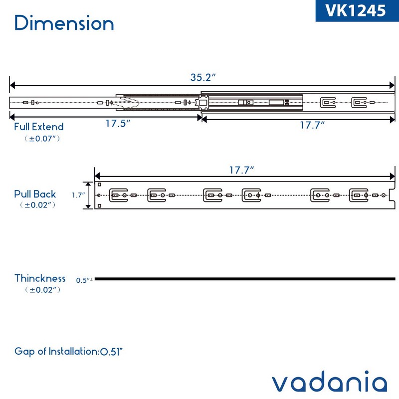 VADANIA 18" Soft Close Drawer Slide, #VK1245, 3-Fold Full Extension,