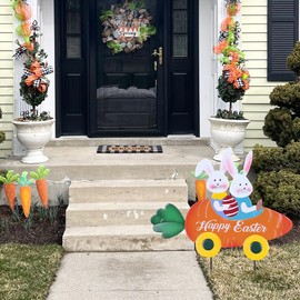 hogardeck Easter Decorations Outdoor, Metal Bunny Carrot Cart Decorative Garden Stakes, Happy Easter Yard Sign for Home Outside Front Porch Lawn Backyard Decor