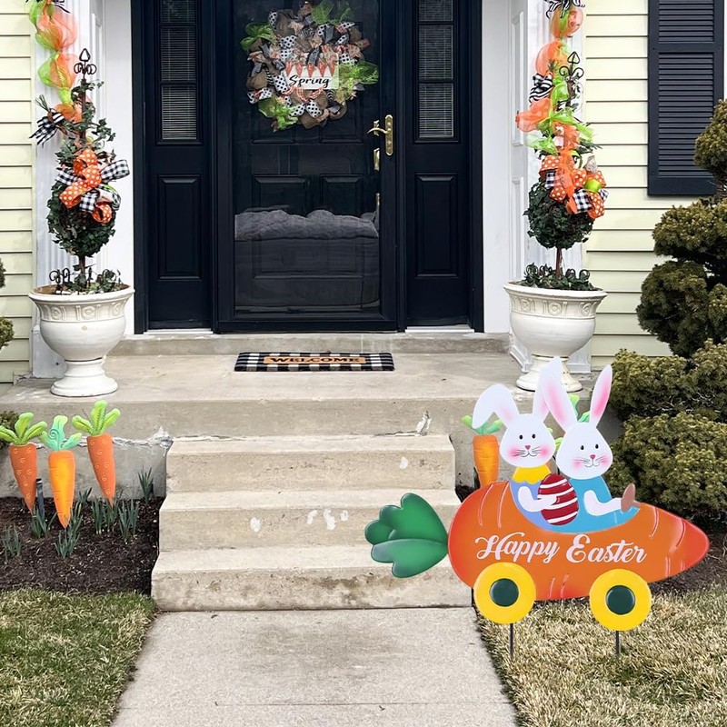 hogardeck Easter Decorations Outdoor, Metal Bunny Carrot Cart Decorative Garden