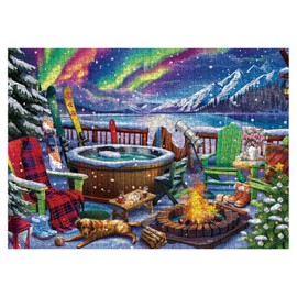 Colorful Northern Light Landscape Puzzle for Adults 1000 Pieces, Pretty Winter Jigsaw Puzzle Scenery, Dog Mountain Tree Cabin Snow Puzzle