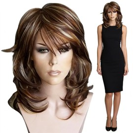 Brown Layered Wig with Side Bangs – Medium Length Natural Looking Synthetic Wig for Women, Soft Wavy Hair for Daily Wear, Party & Cosplay