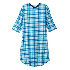 Men’s Open Back Adaptive Flannel Nightgown for Seniors - Back Snap Nightgowns With Dome Closure - Turquoise Plaid MED