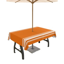 Fall Outdoor Tablecloth with Umbrella Hole, Farmhouse Orange White Stripe Rectangle Tables Zippered Table Cloth Waterproof Tabletop Table Cover Collection for Patio, Garden, Picnic, Camping, Dining