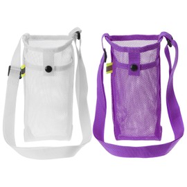 PATIKIL 22mmx13mm Water Bottle Bag, 2 Pack Mesh Portable Bottle Holder Carrier Adjustable Shoulder Strap for Sports Hiking Camping, Purple White