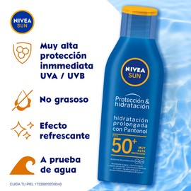 NIVEA SUN Protector Solar Corporal Protect & Moisture (200 ml), Bloqueador solar Hidratante Resistente al Agua con FPS 50+, Loción Solar No Grasosa para Todo Tipo de Piel