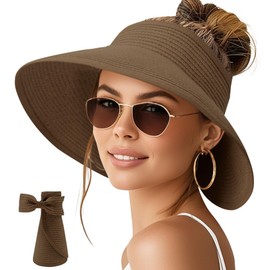 NPQQUAN Sun Visor Hats for Women Wide Brim Ponytail Straw Beach Hat Packable Foldable UPF 50+ Travel Hats Brown