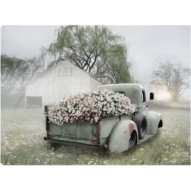 Fine Art Canvas Farmhouse Sage Green Truck with Blush Petunias Canvas Wall Decor by Artist Lori Deiter for Living Room, Bedroom, Bathroom Barn Pictures Wall Art 43 in x 32 in