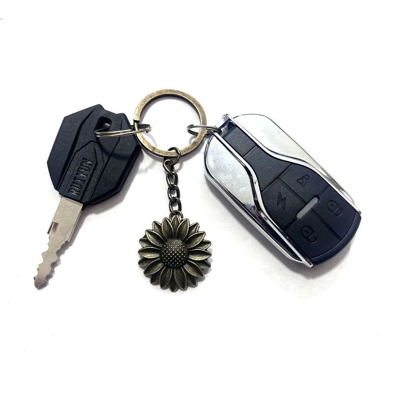 Antique Bronze Colored Sunflower Pendant Key Chain-Bronze Key Ring-Sunflower Keyring