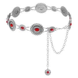 Prasacco Western Belt Metal Oval Concho Chain Belt Red Western Belts for Women Cowgirl Chain Turquoise Belts for Dresses Jeans Skirts Country Concert Outfit
