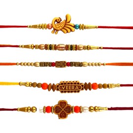 SWAMISP Set of 5 Rakhi for brother Bhaiya Bhabhi Gift Set for family Raksha Bandhan Festival Rakhi for Bhaiya and Bhabhi, Indian designer latest Rakhi for bhai Thread bracelets