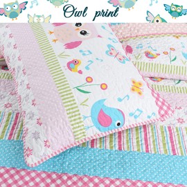 Cozy Line Home Fashions Spring Time Fun Singing Birds Owl Floral Heart Polka Dot 3-Piece Multi-Color Pink Blue Green Stripe Polyester Reversible Queen Quilt Bedding Set