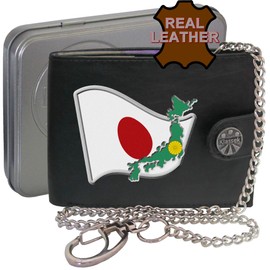 Klassek Japan Flag Japanese Map and Coat of Arms COA Mens Wallet with Chain Real Leather RFID Blocking with Coin Pocket and Metal Gift Box