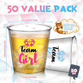 Willinglong 50 Pcs Gender Reveal Party Shot Glasses, 2.87oz Disposable Team Boy Team Girl Gender Reveal Plastic Cup Blue Pink Plastic Cup Decoration for Baby Shower Party Favor Supplies