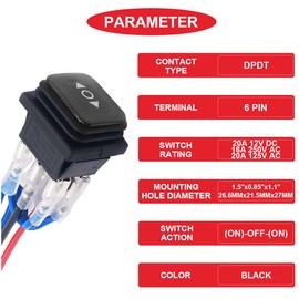 MKBKLLJY 2Pcs Black Momentary Polarity Reverse Switch Waterproof Control Rocker Toggle Switch 20A 12V DC 16A 250V/20A 125V AC DPDT 6Pin 3Position (ON)-Off-(ON) with Jumper Terminal Wires for Car Boat