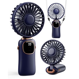 coldSky Portable Handheld Fan, 4000mAh Battery Operated Fan with LED Display, Handheld/Neck/Desk 3 in 1 Personal Small Fans, 90° Foldable Desk Fan with Base, 5 Speed Makeup Lash Fan for Women Blue