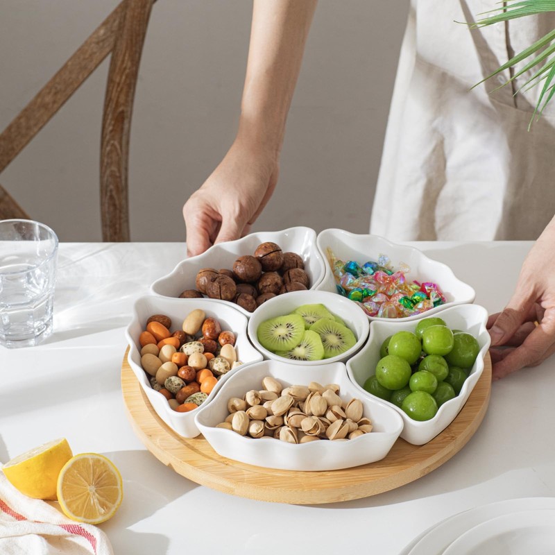 Rotatable Lazy Susan Party Serving Tray, 12 Inch Ceramic Divided