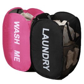 Aplter 2 Pack Mesh Pop Up Laundry Hamper Collapsible Laundry Basket with Side Pocket, Strong Handles, Storage Organizer for Bedroom, Nursery Room, College Dorms (Black+Pink)