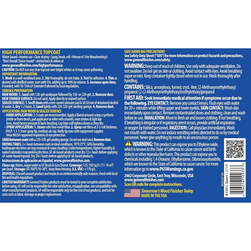 General Finishes High Performance Water Based Topcoat, 1 Gallon, Flat