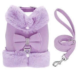Didog Cute Small Dog Harness and Leash Set, Winter Warm Dog Harness with Bow Tie, Adjustable Soft Padded Puppy Vest with Removable Plush Collar for XS Small and Medium Sized Dogs (Purple, M)