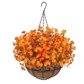 Luiywan Artificial Fall Flowers with Hanging Basket, Fake Mums Daisy Plants with Eucalyptus Leaves UV Resistant, Outdoor Autumn Decor for Home Garden Porch Patio Thanksgiving (Orange, 1 Pack)