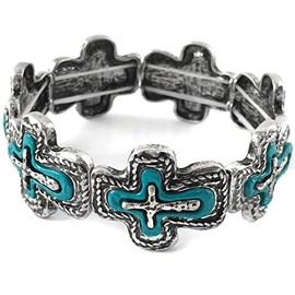 Western Peak Western Hammered Cross Turquoise Beads Charms Link Bracelet (Turquoise)