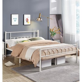 Yaheetech Queen Size Metal Bed Platform Simple Industrial Style Bedroom No Box Spring Needed w/Under Bed Storage Strong Slat Support,White