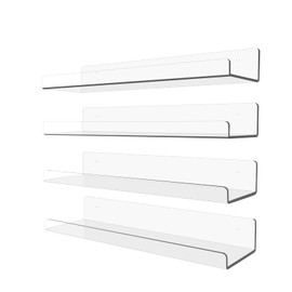 Mooisco 4 Pack Floating Shelves for Wall, 15" x 4" Acrylic Book Shelf for Plants, Toys, Book, Photo, Mounted Display Shelf Organizer in Bathroom, Room, Living Room Decor, Clear