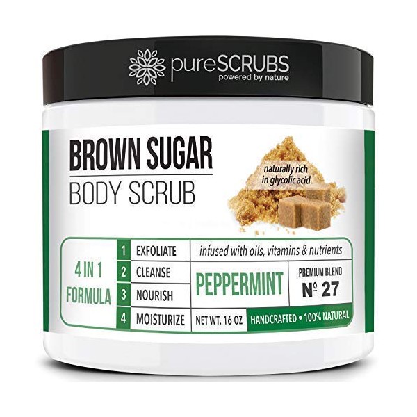pureSCRUBS Premium Organic Brown Sugar PEPPERMINT FACE & BODY SCRUB Set - Large 16oz, Infused With Organic Essential Oils & Nutrients INCLUDES Wooden Spoon, Loofah & Mini Exfoliating Bar Soap