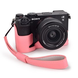 Rieibi Alpha 7C II Case - Premium PU Leather Half Case for Sony A7C II/Alpha 7C Mark II/A7C2 Digital Camera - Protective Grip Sony A7CII Case with Handle & Bottom Opening, Pink, Half pocket and wrist