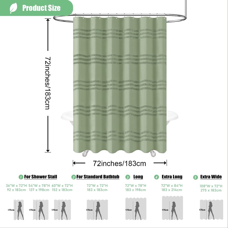 Dynamene Sage Green Fabric Shower Curtain, Tufted Chenille Striped Textured