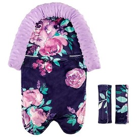 Baby Car Seat Head Support for Girls, Infant Carseat Insert Super Soft Newborn Headrest Seatbelt Covers for Car Seat, Purple Flower