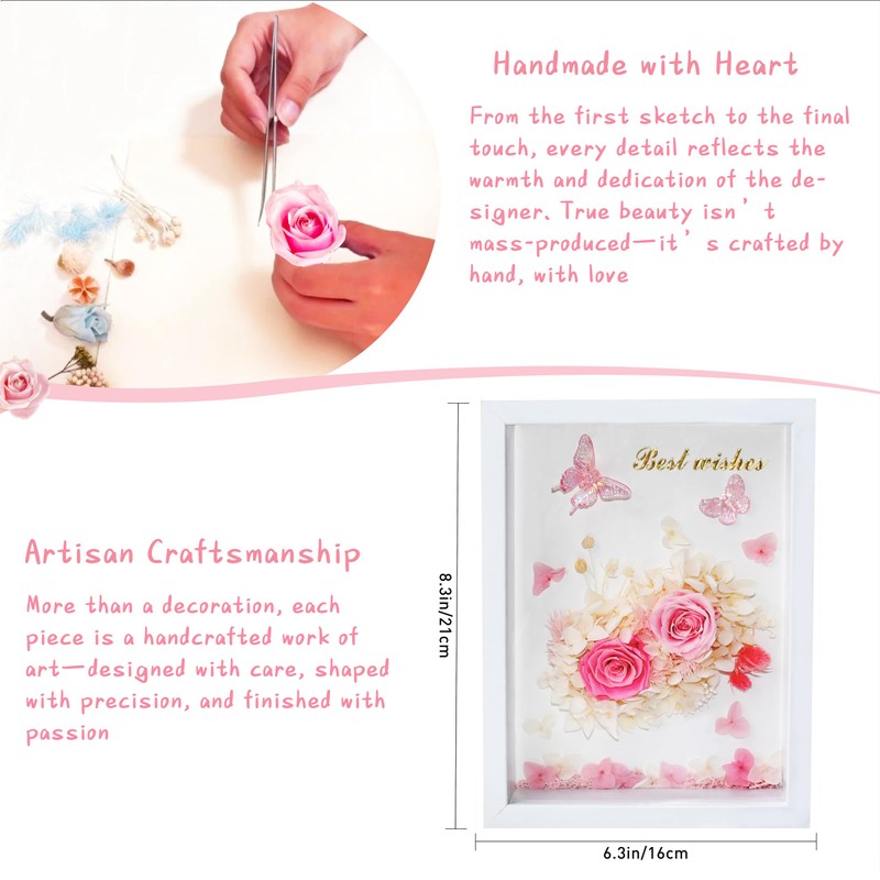 6.5”x8.5” Preserved Flowers Pink Rose Hydrangea Flower Frame with Butterfly