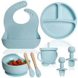 Bluet B- Silicone Baby Feeding Set - Baby Led Weaning Supplies - Baby Spoons, Suction Bowl - Plate - Baby Utensils Set - Silicone Feeding Set for Baby First Foods, Infant Eating - 8pcs - Light Blue
